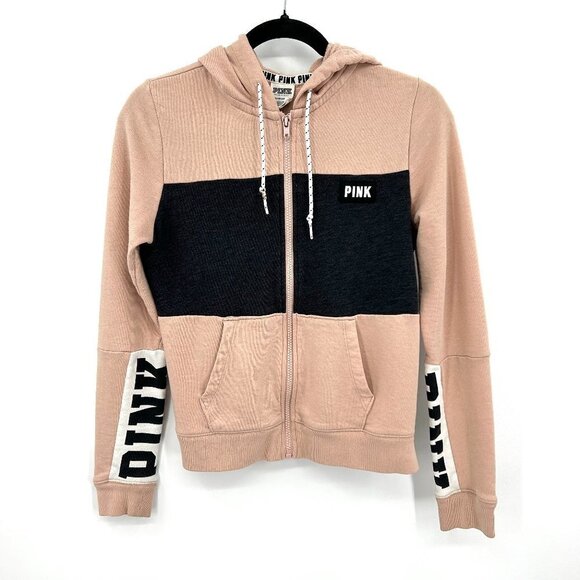 VICTORIA'S SECRET Pink Blush Pink Black Full Zip Hoodie Jacket Size XS - Picture 1 of 7